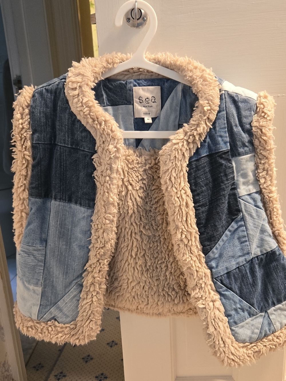 Sea Cream Sherpa Vest with Blue Patchwork Denim Panels